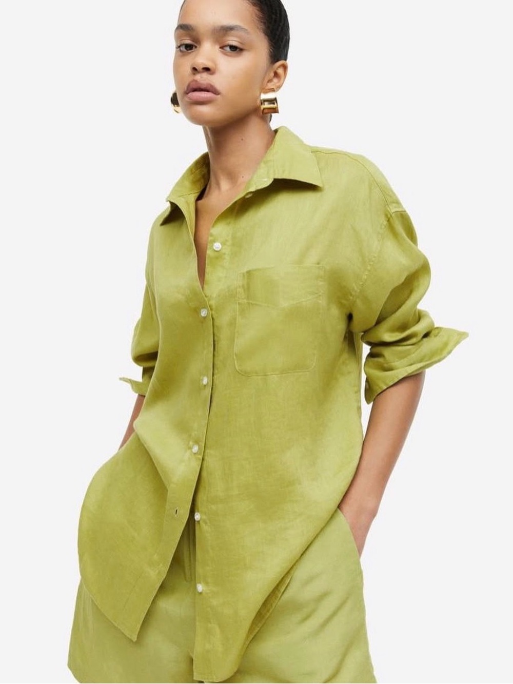 H&M Lime Green Linen Button-Up Shirt